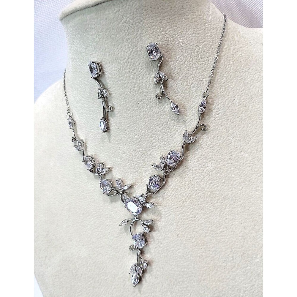 Sparkling Crystal Y Drop Necklace Earrings Set Wedding Prom Pageant Silver Tone